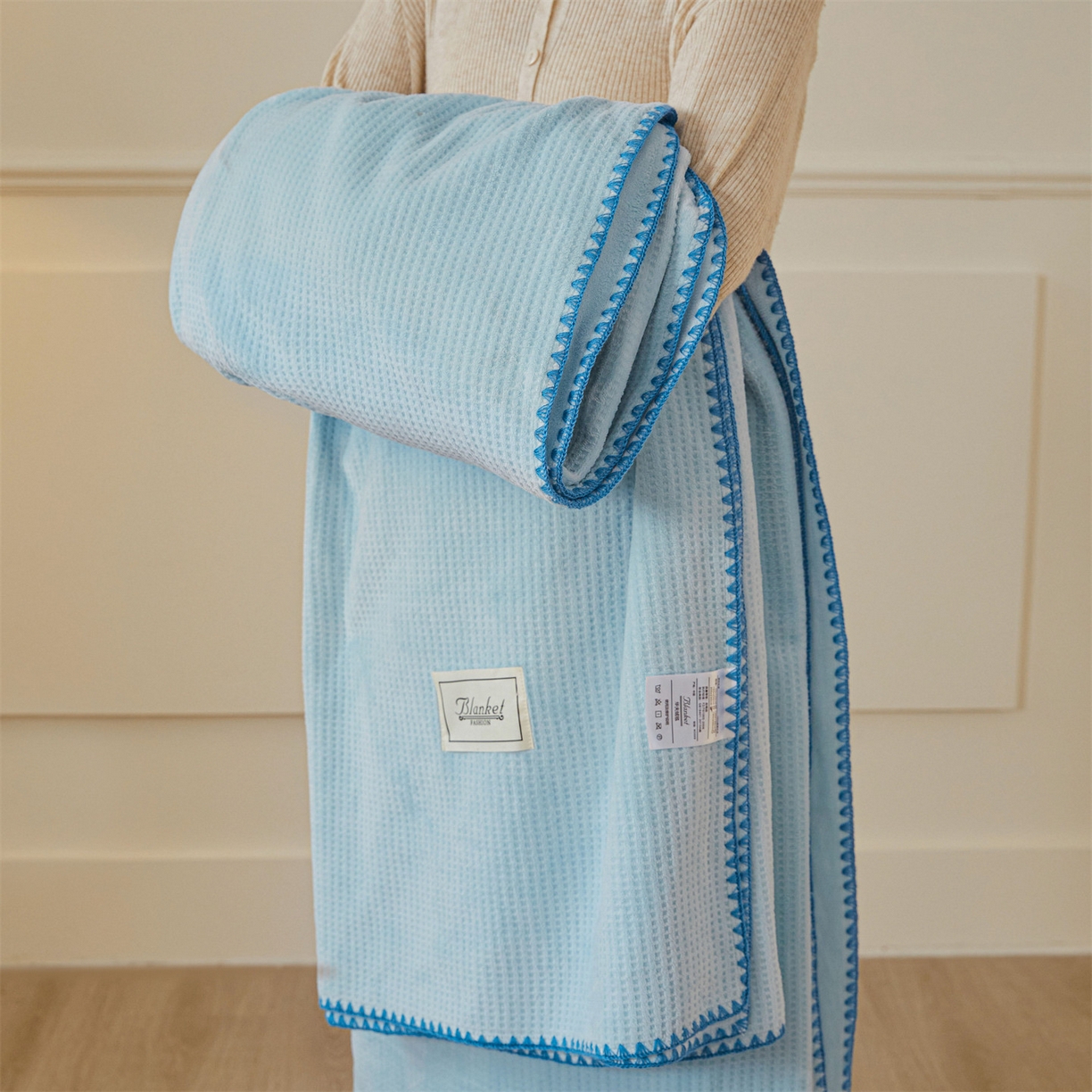 雯豆家纺 2025新品华夫格毛毯盖毯双层加厚办公室披肩毯子 自由风-淡水蓝