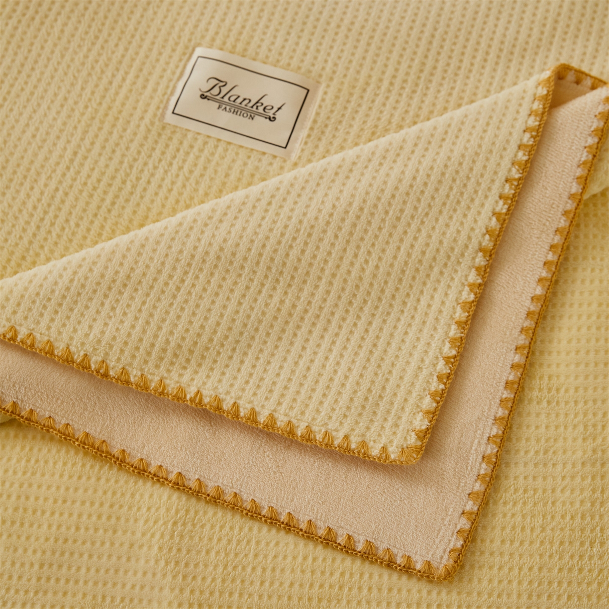 91家纺网 家纺一手货源 找家纺 雯豆家纺 2025新品华夫格毛毯盖毯双层加厚办公室披肩毯子 自由风-可可蛋黄