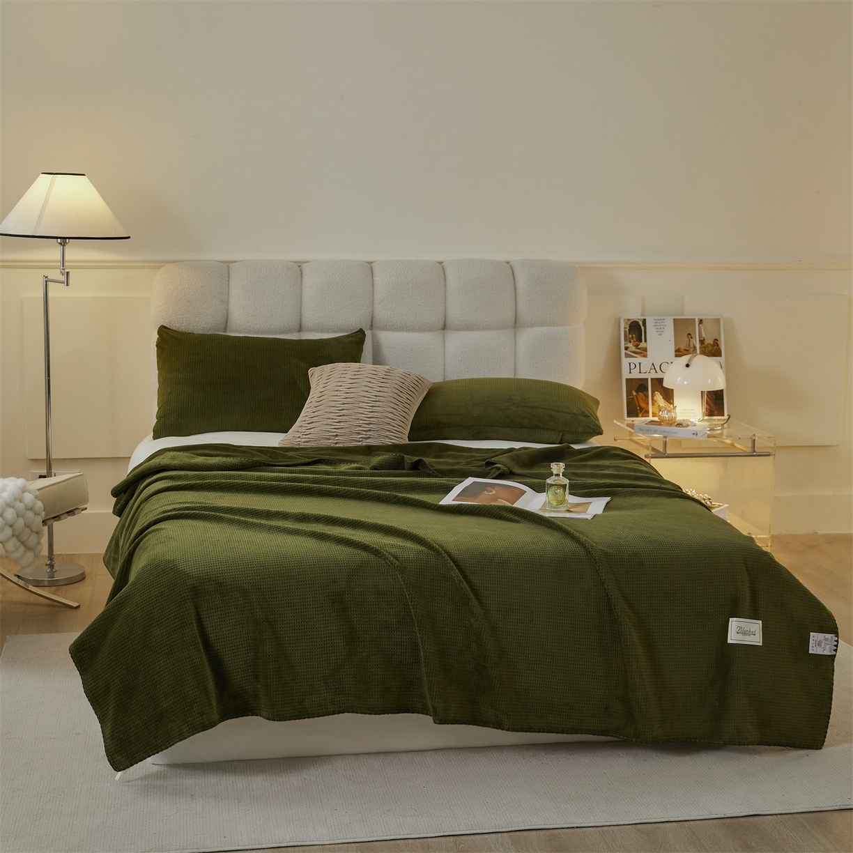 91家纺网 家纺一手货源 找家纺 雯豆家纺 2025新品华夫格毛毯盖毯双层加厚办公室披肩毯子 自由风-墨绿