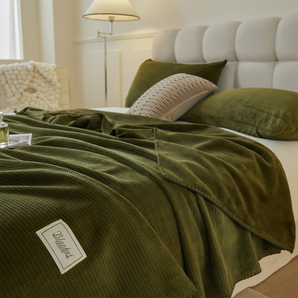 91家纺网 家纺一手货源 找家纺 雯豆家纺 2025新品华夫格毛毯盖毯双层加厚办公室披肩毯子 自由风-墨绿