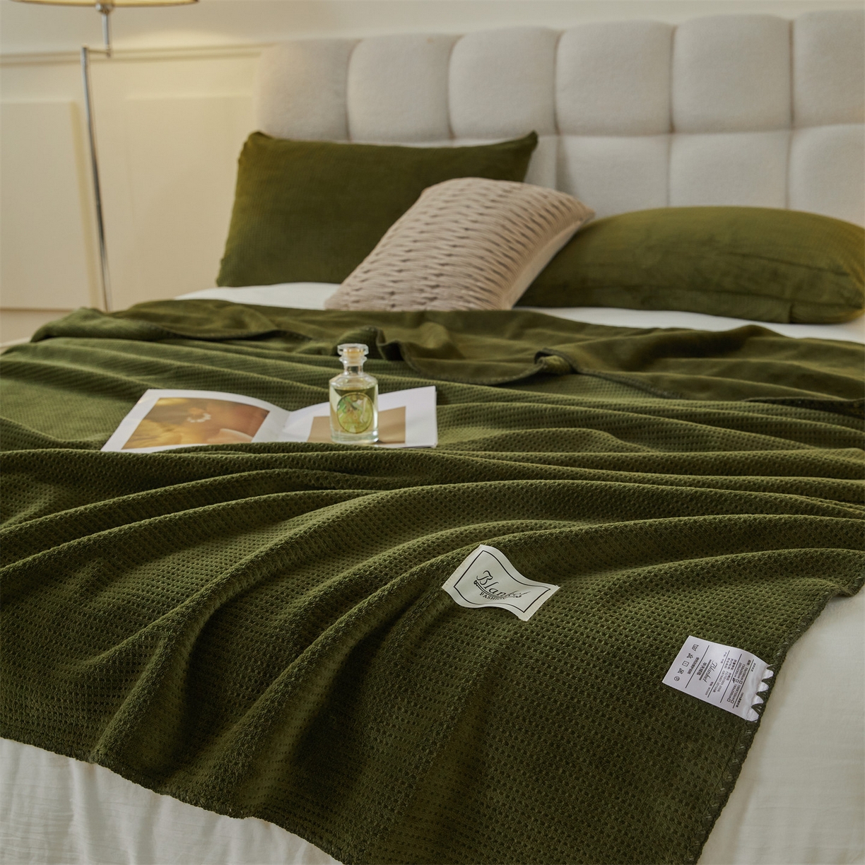 91家纺网 家纺一手货源 找家纺 雯豆家纺 2025新品华夫格毛毯盖毯双层加厚办公室披肩毯子 自由风-墨绿