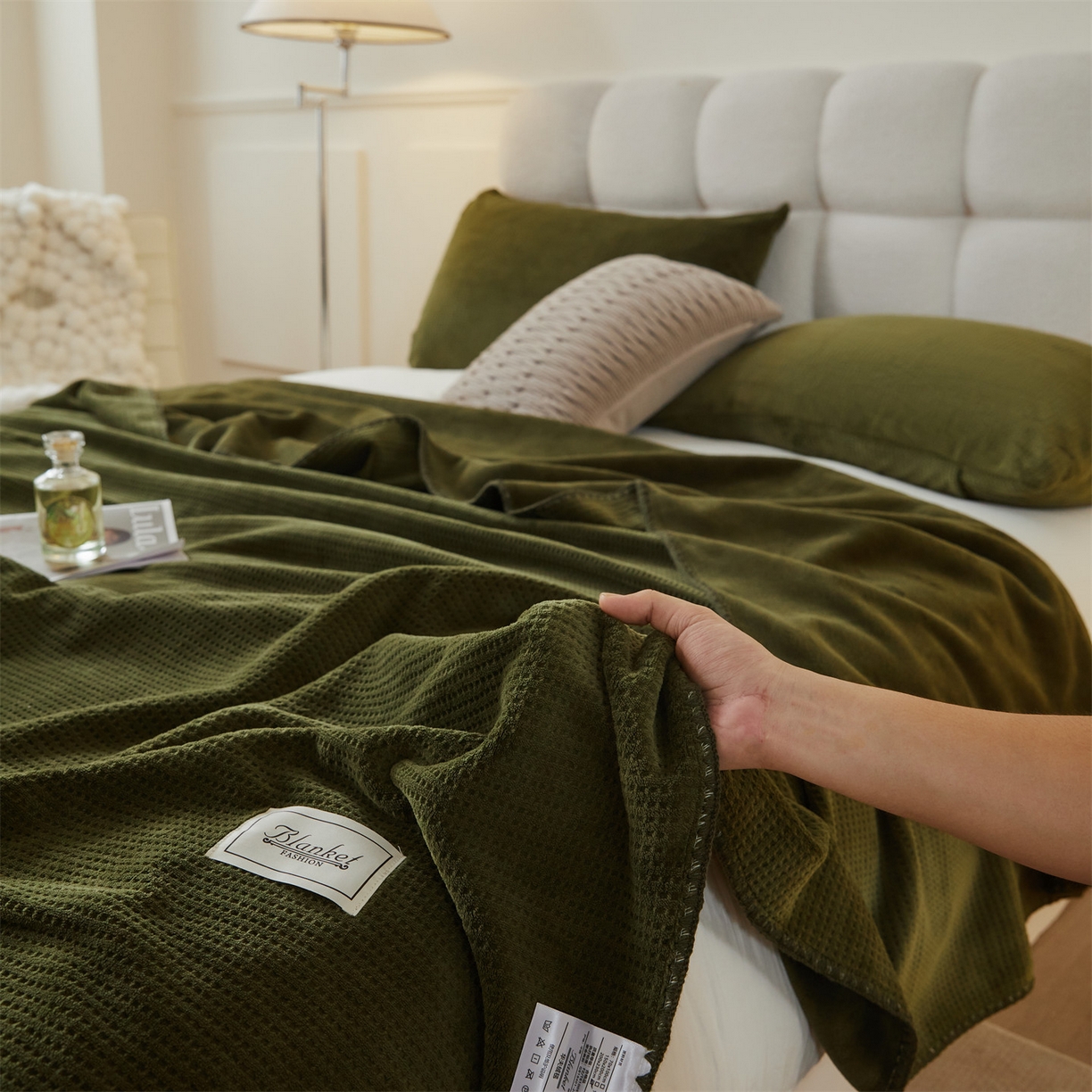 91家纺网 家纺一手货源 找家纺 雯豆家纺 2025新品华夫格毛毯盖毯双层加厚办公室披肩毯子 自由风-墨绿