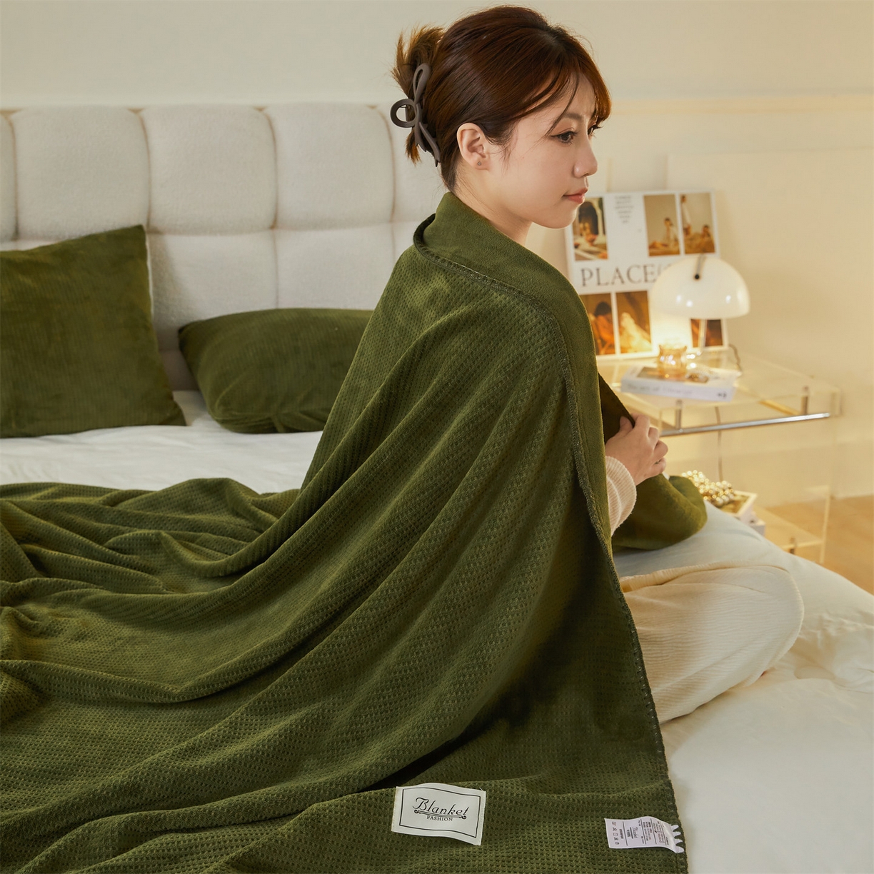 91家纺网 家纺一手货源 找家纺 雯豆家纺 2025新品华夫格毛毯盖毯双层加厚办公室披肩毯子 自由风-墨绿