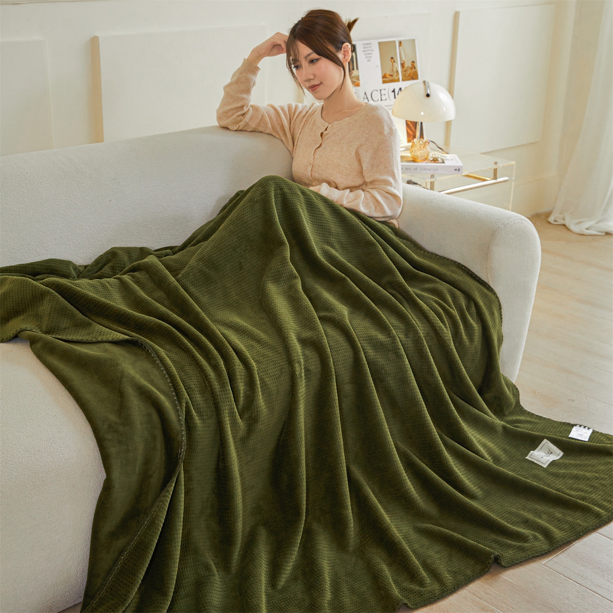 91家纺网 家纺一手货源 找家纺 雯豆家纺 2025新品华夫格毛毯盖毯双层加厚办公室披肩毯子 自由风-墨绿