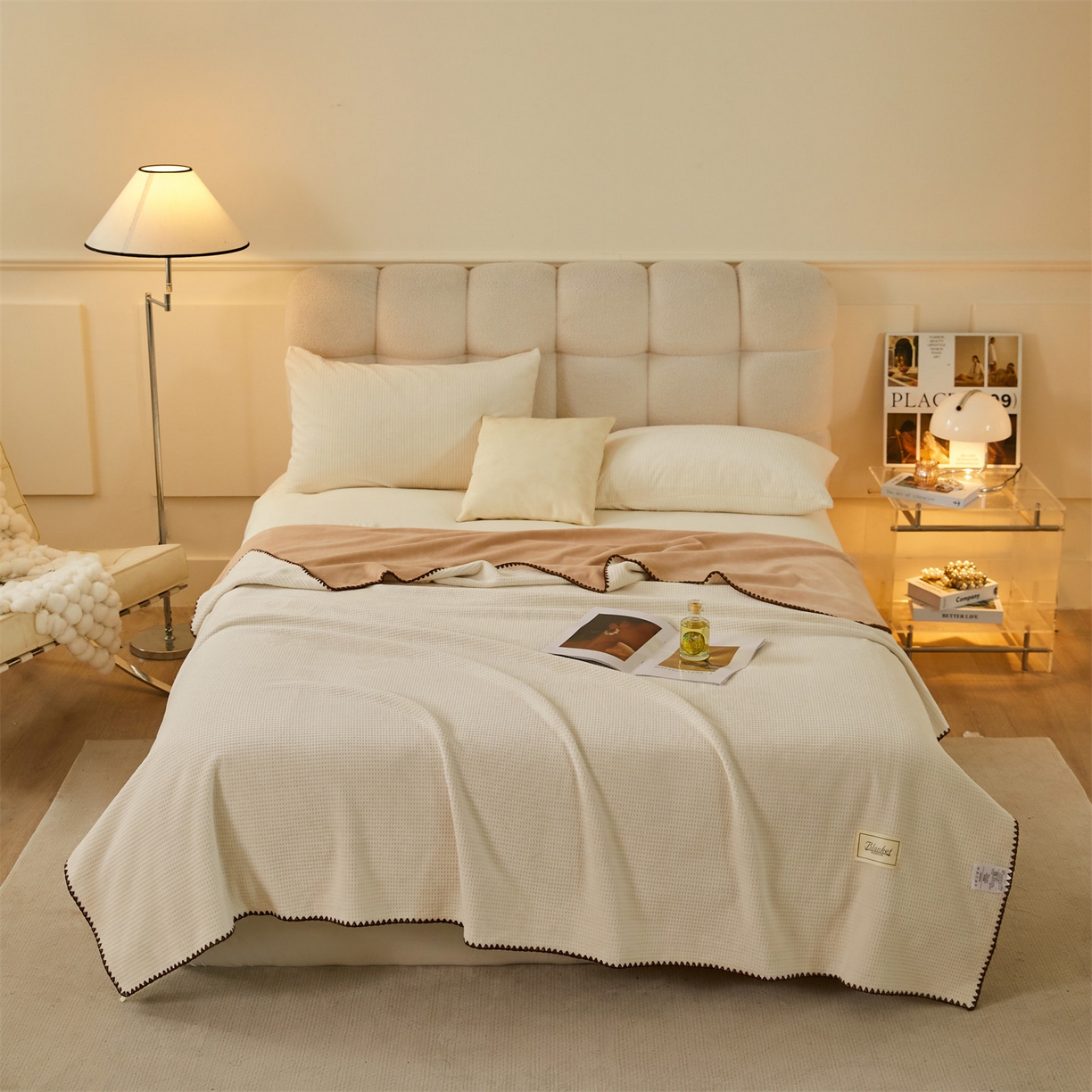 91家纺网 家纺一手货源 找家纺 雯豆家纺 2025新品华夫格毛毯盖毯双层加厚办公室披肩毯子 自由风-奶咖