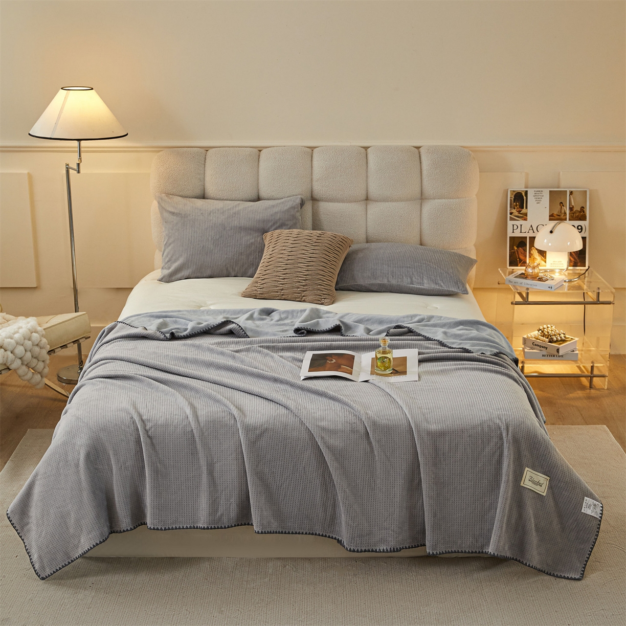 91家纺网 家纺一手货源 找家纺 雯豆家纺 2025新品华夫格毛毯盖毯双层加厚办公室披肩毯子 自由风-深空灰