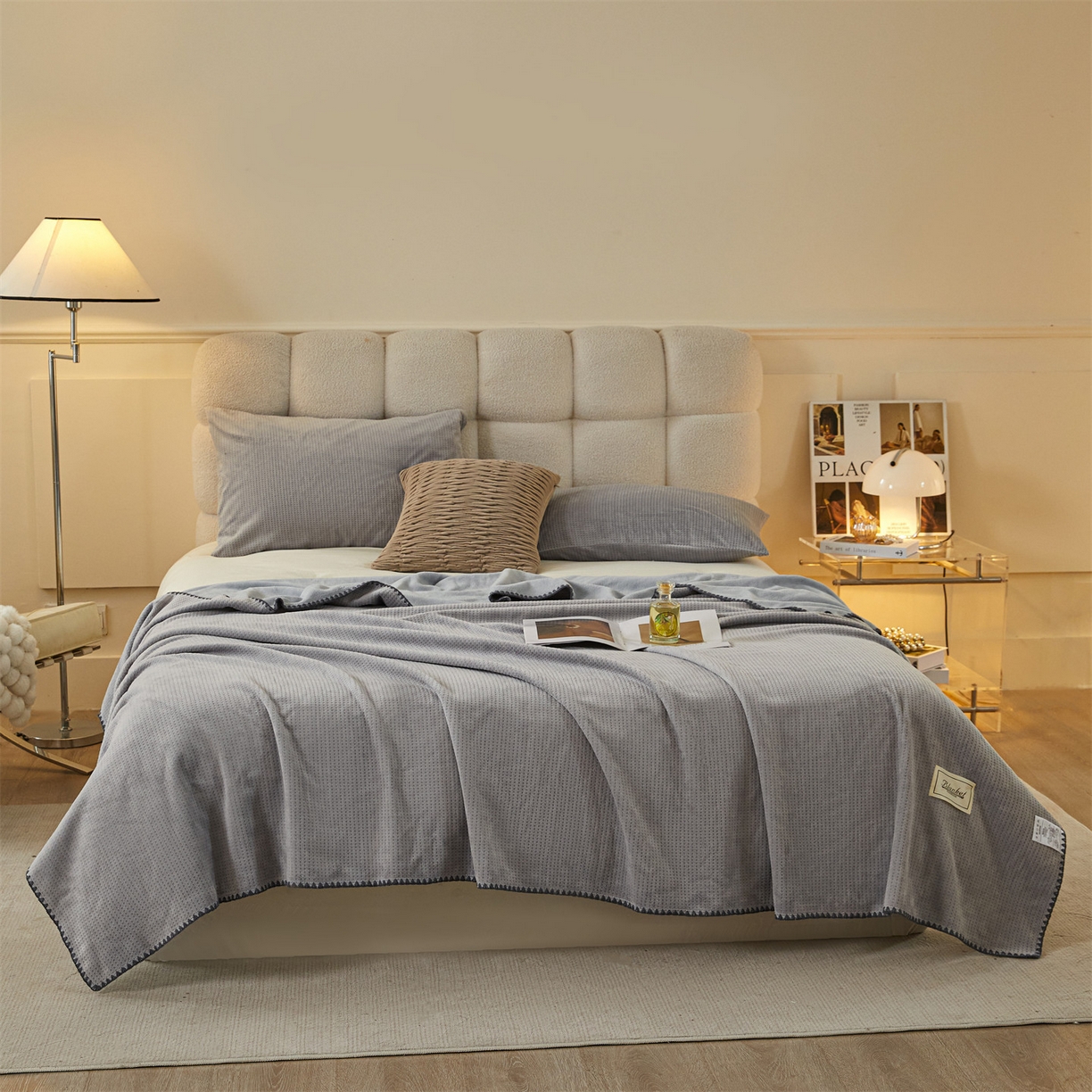 91家纺网 家纺一手货源 找家纺 雯豆家纺 2025新品华夫格毛毯盖毯双层加厚办公室披肩毯子 自由风-深空灰