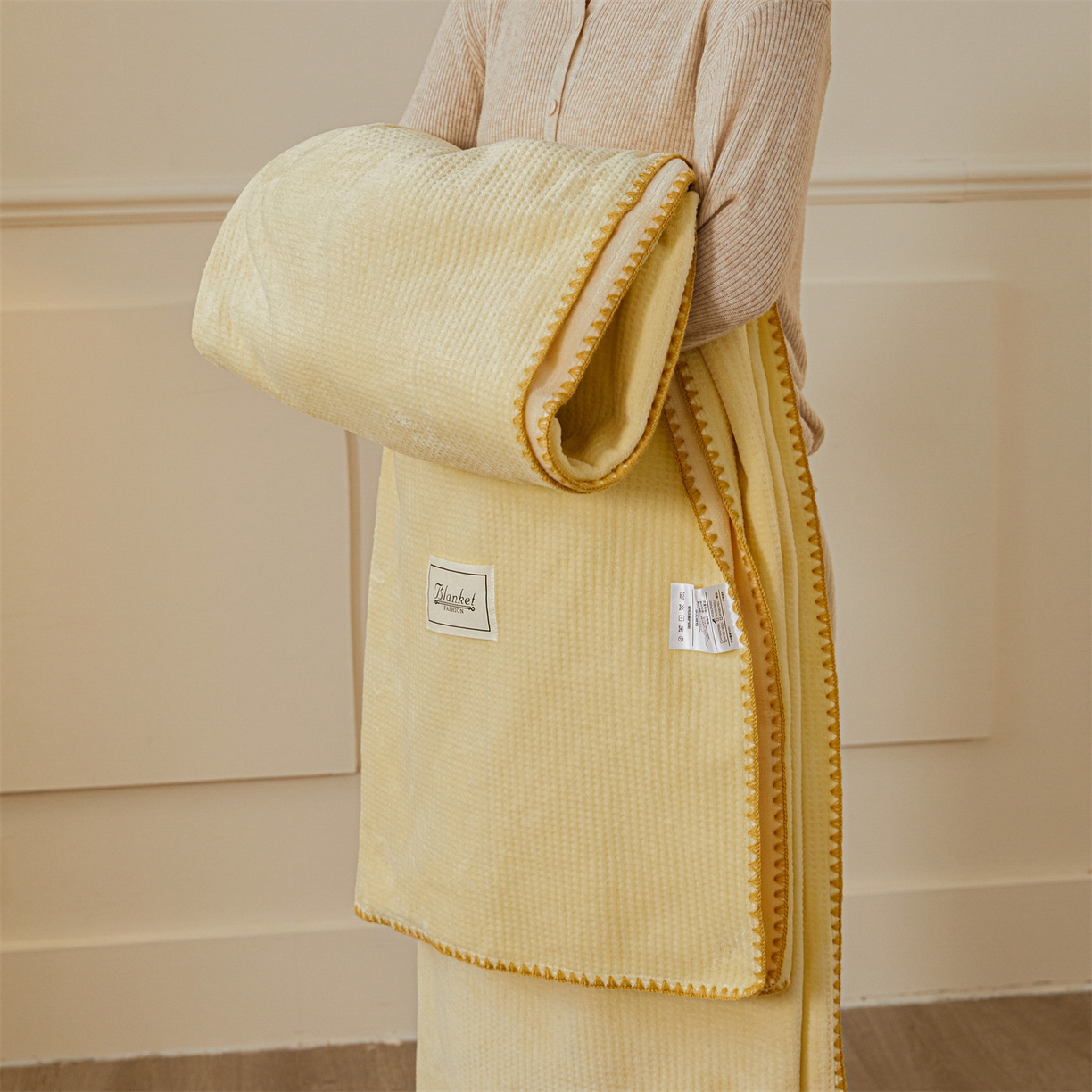 雯豆家纺 2025新品华夫格毛毯盖毯双层加厚办公室披肩毯子 自由风-可可蛋黄