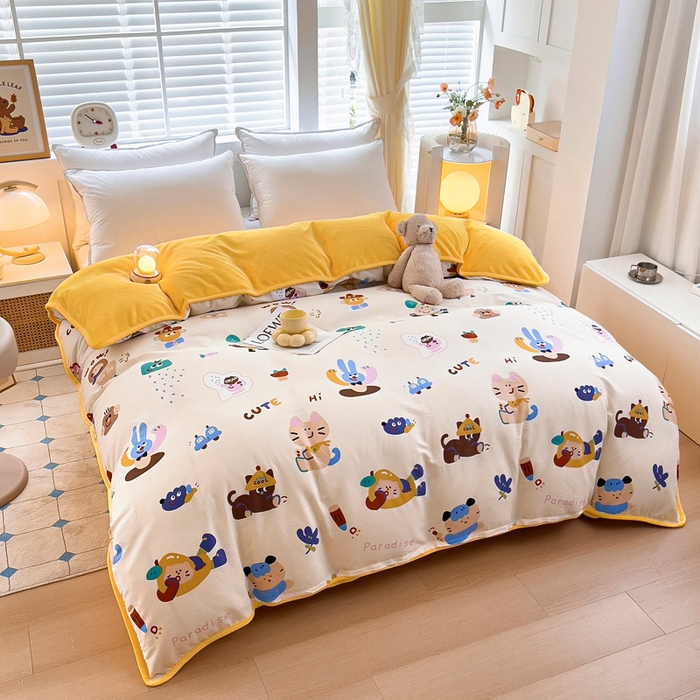 91家纺网 家纺一手货源 找家纺 琪琪阁家纺 2025秋冬新款全棉加牛奶绒单被套棉加绒被套 机智萌宠