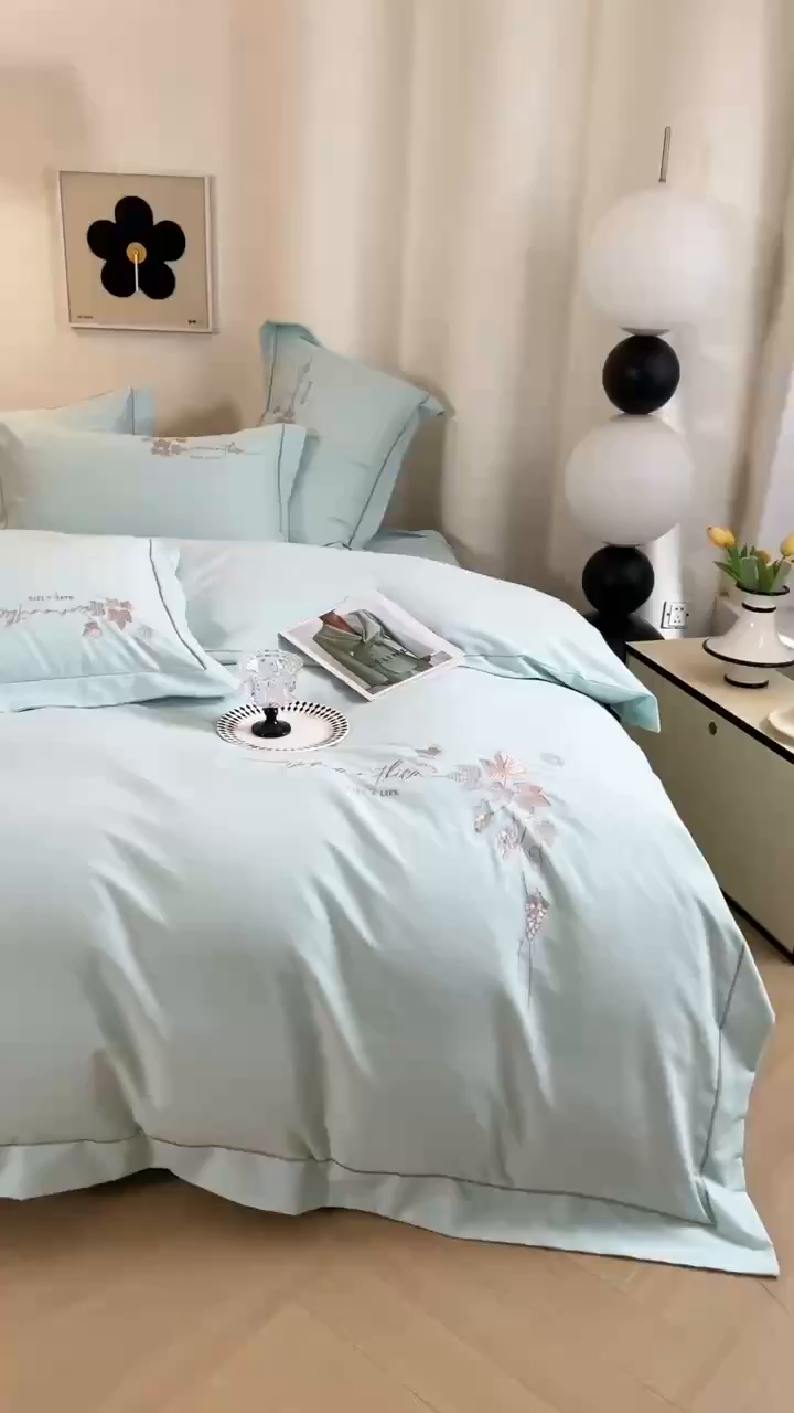 91家纺网 家纺一手货源 找家纺 （总）绒博士 2025新款全棉磨毛绣花宽边款四件套--梦恬系列