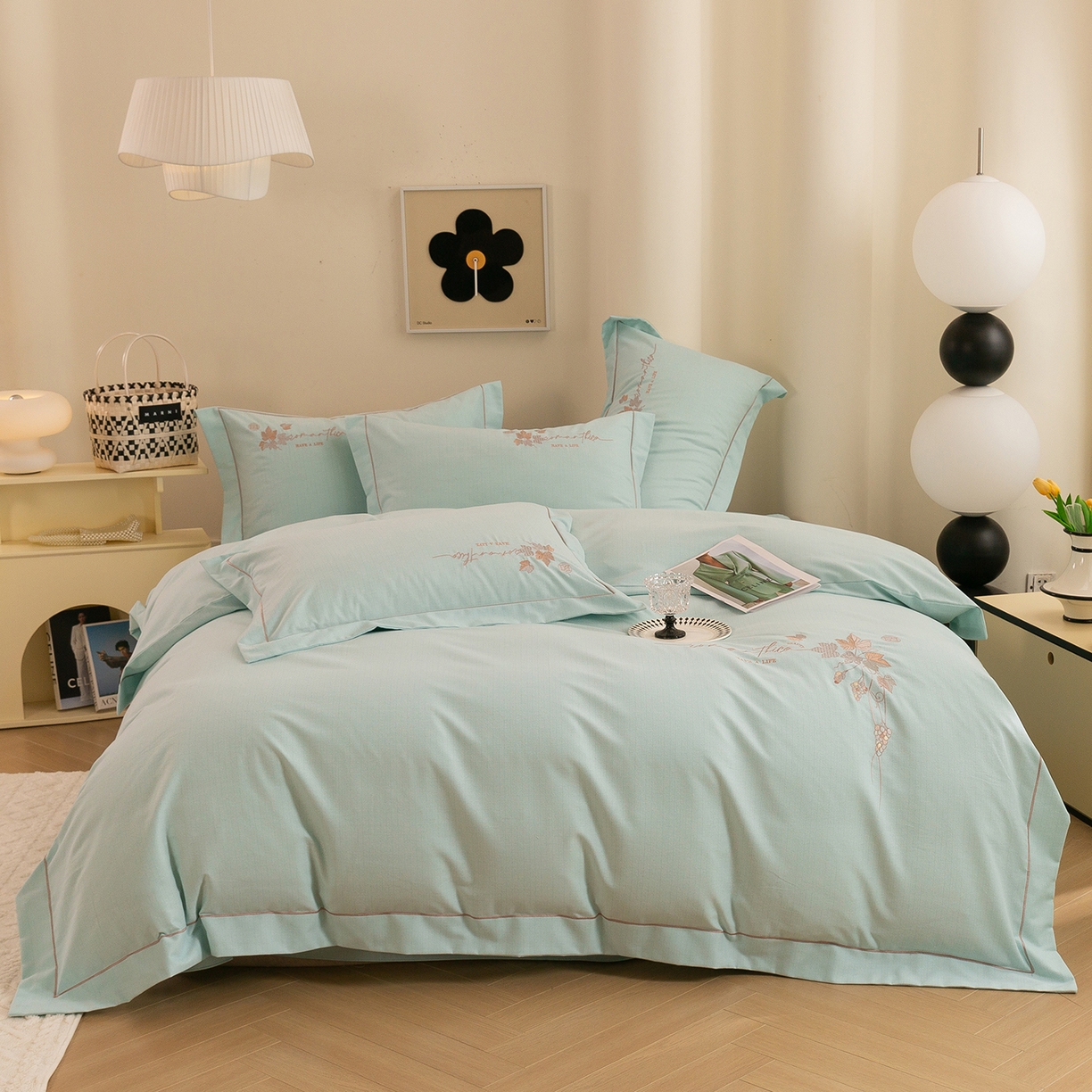 91家纺网 家纺一手货源 找家纺 （总）绒博士 2025新款全棉磨毛绣花宽边款四件套--梦恬系列