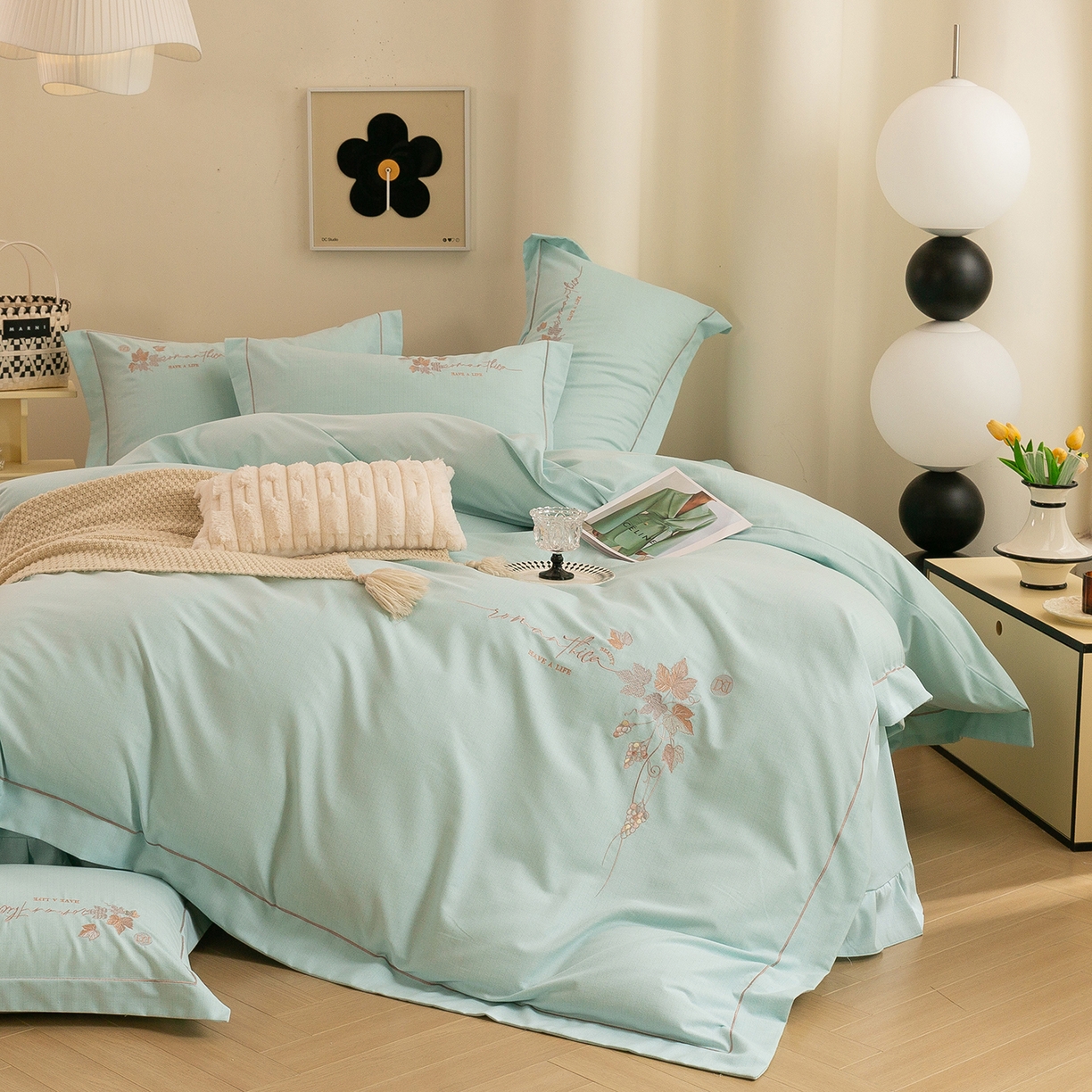 91家纺网 家纺一手货源 找家纺 绒博士 2025新款全棉磨毛绣花宽边款四件套--梦恬系列 梦恬-绿色