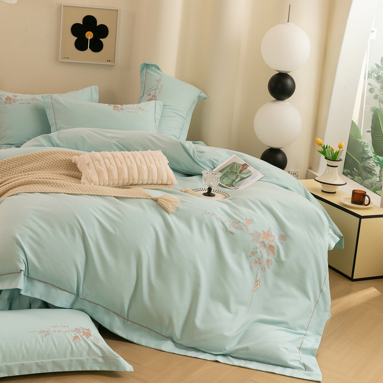 91家纺网 家纺一手货源 找家纺 绒博士 2025新款全棉磨毛绣花宽边款四件套--梦恬系列 梦恬-绿色