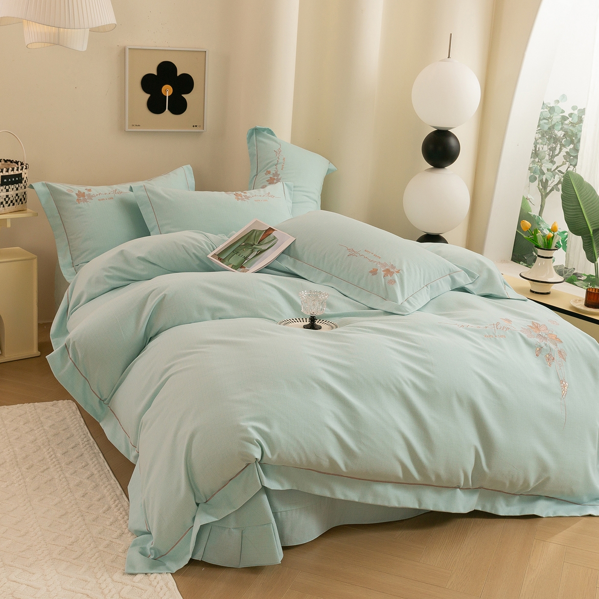 91家纺网 家纺一手货源 找家纺 绒博士 2025新款全棉磨毛绣花宽边款四件套--梦恬系列 梦恬-绿色