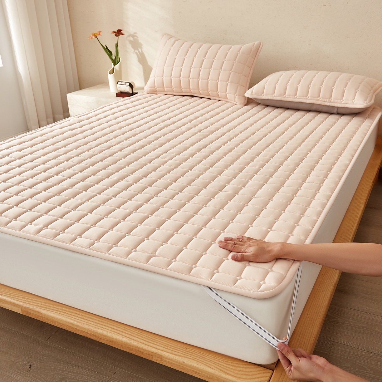 缦吉 2025新款A类纯色大豆纤维夹棉床护垫系列 面包格-咖