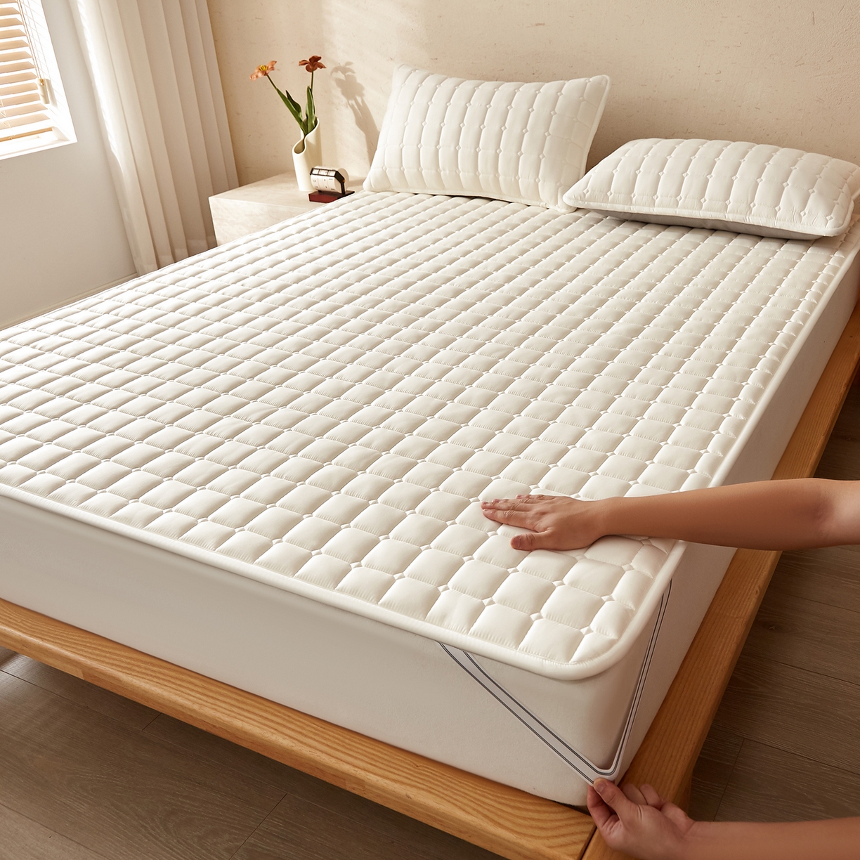 缦吉 2025新款A类纯色大豆纤维夹棉床护垫系列 面包格-白