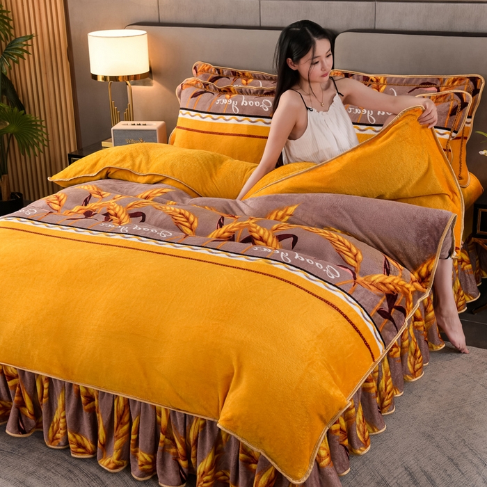 绒品 2025新款高克重牛奶绒金貂绒四件套 金色麦穗