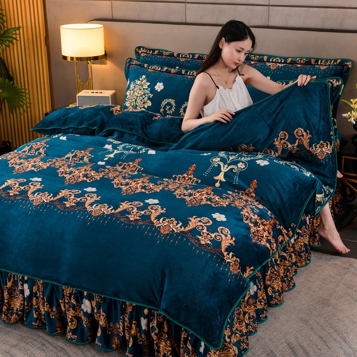 绒品 2025新款高克重牛奶绒金貂绒四件套 欧式风情