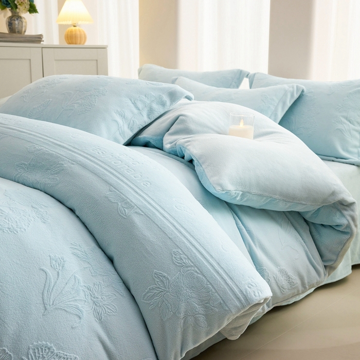 91家纺网 家纺一手货源 找家纺 （总）亿梵 2025秋冬新款A类全消光牛奶绒立体5D雕花绒四件套