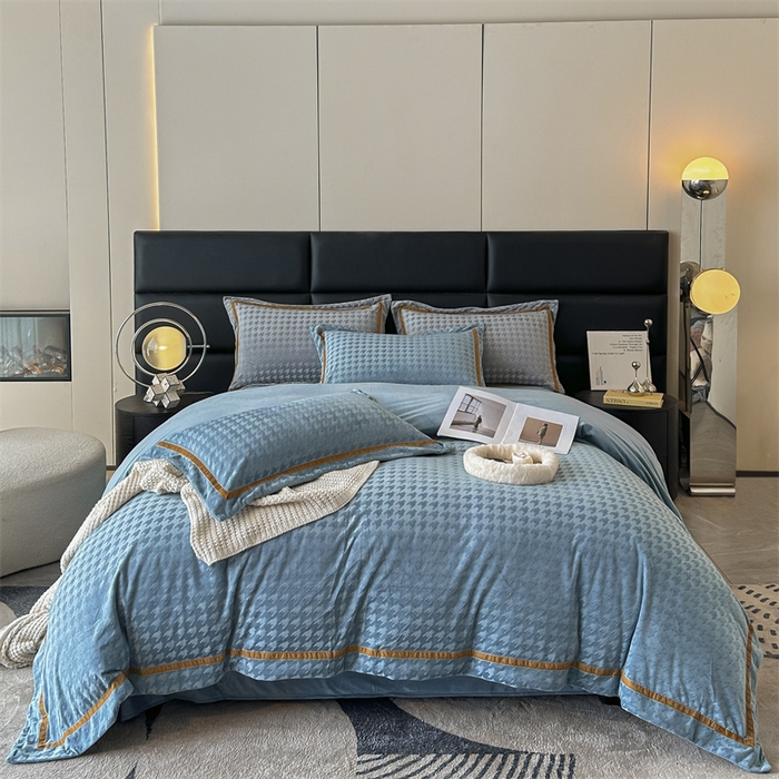 91家纺网 家纺一手货源 找家纺 （总）奥裕 2025新款婴儿绒千鸟格织带款牛奶绒四件套