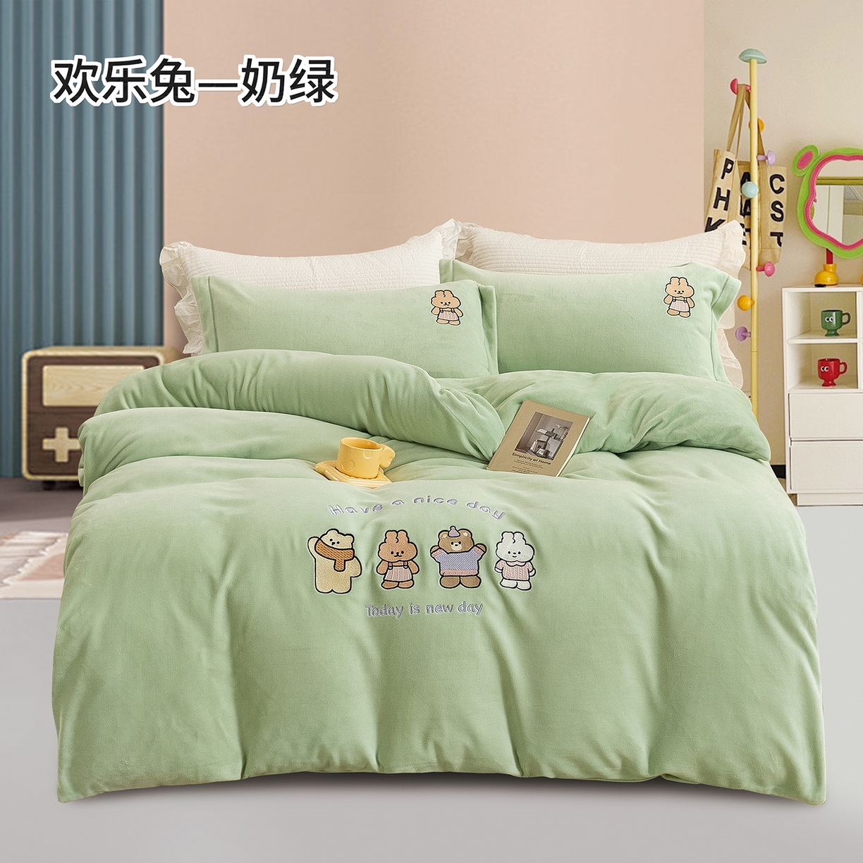 91家纺网 家纺一手货源 找家纺 （总）绒博士 2025新款220克牛奶绒刺绣三件套--欢乐兔系列,欢乐兔-奶绿,欢乐兔-宾利蓝,欢乐兔-芳菲紫,欢乐兔-灰色,欢乐兔-樱花粉