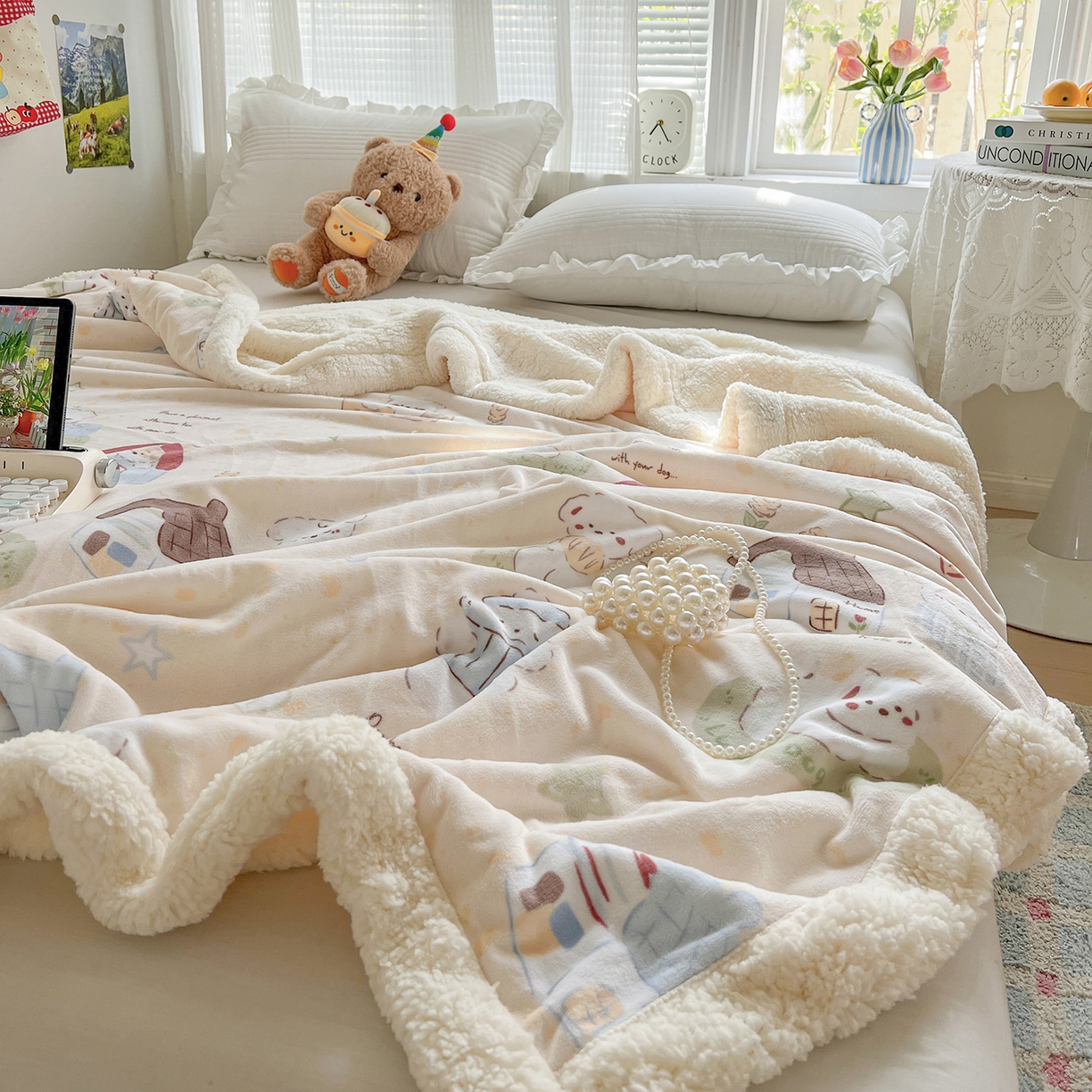 91家纺网 家纺一手货源 找家纺 耀悦家纺 2025新款毛毯带拉链被套两用加厚高克重牛奶绒毯子羊羔绒 萌宠的田园生活