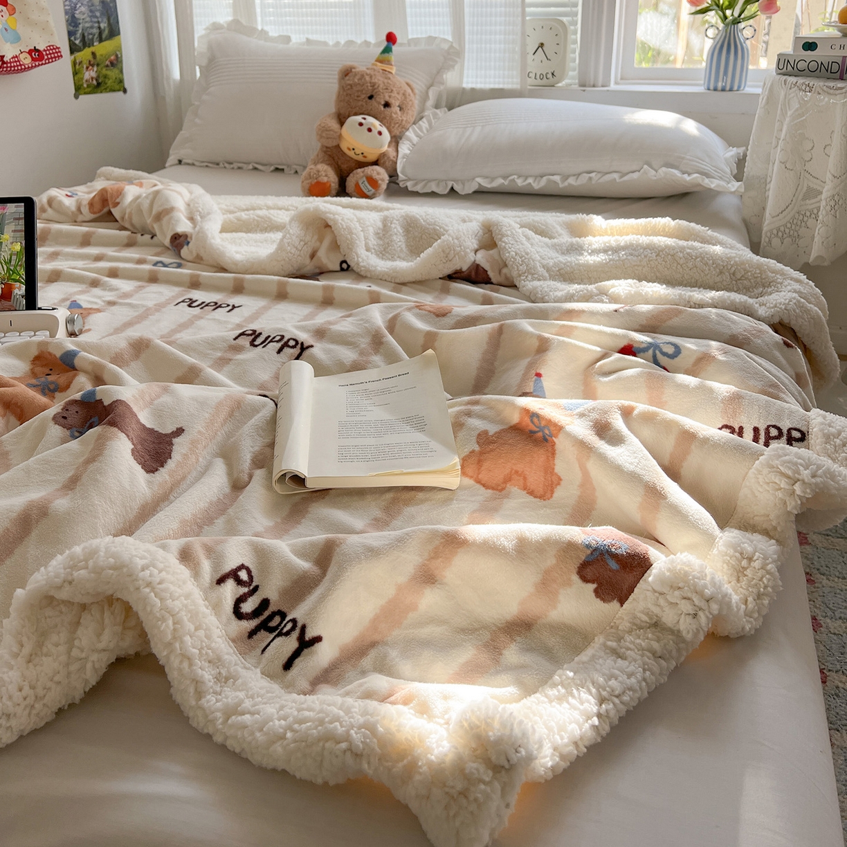 91家纺网 家纺一手货源 找家纺 耀悦家纺 2025新款毛毯带拉链被套两用加厚高克重牛奶绒毯子羊羔绒 条纹优雅修狗