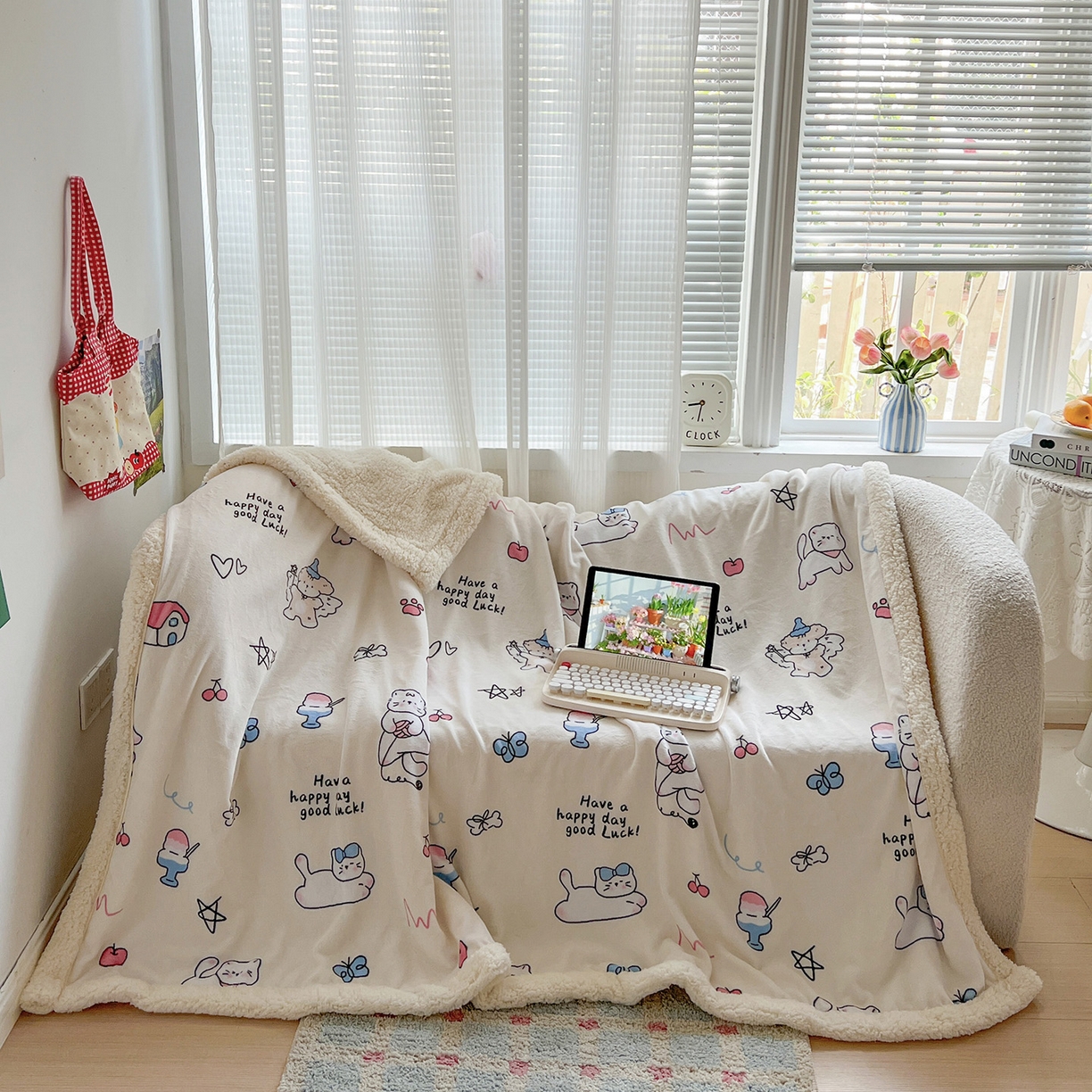 91家纺网 家纺一手货源 找家纺 耀悦家纺 2025新款毛毯带拉链被套两用加厚高克重牛奶绒毯子羊羔绒 五角星小猫