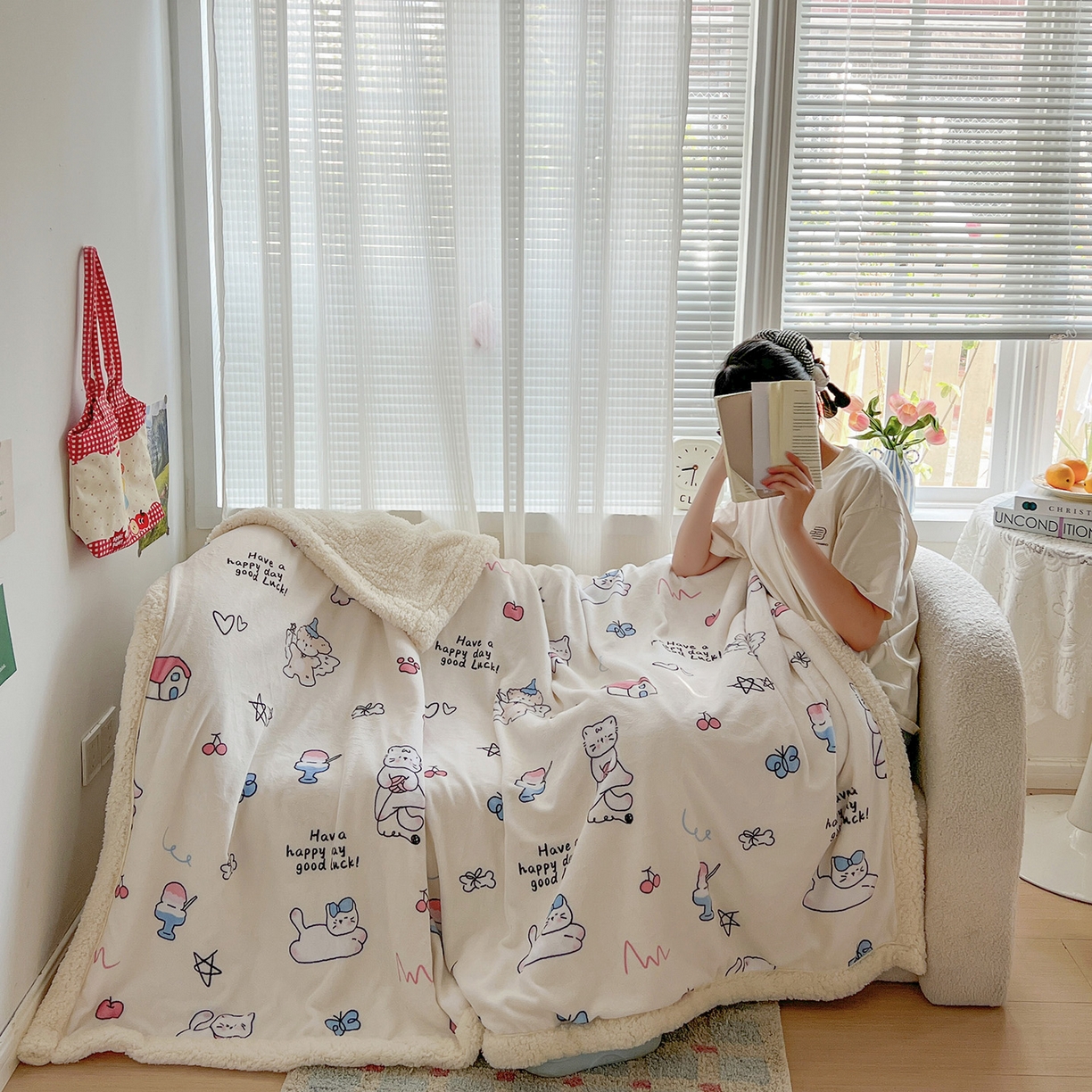 91家纺网 家纺一手货源 找家纺 耀悦家纺 2025新款毛毯带拉链被套两用加厚高克重牛奶绒毯子羊羔绒 五角星小猫