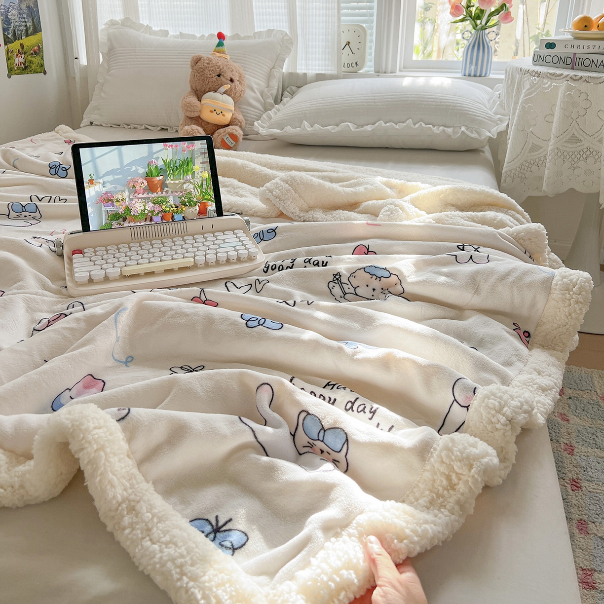 91家纺网 家纺一手货源 找家纺 耀悦家纺 2025新款毛毯带拉链被套两用加厚高克重牛奶绒毯子羊羔绒 五角星小猫