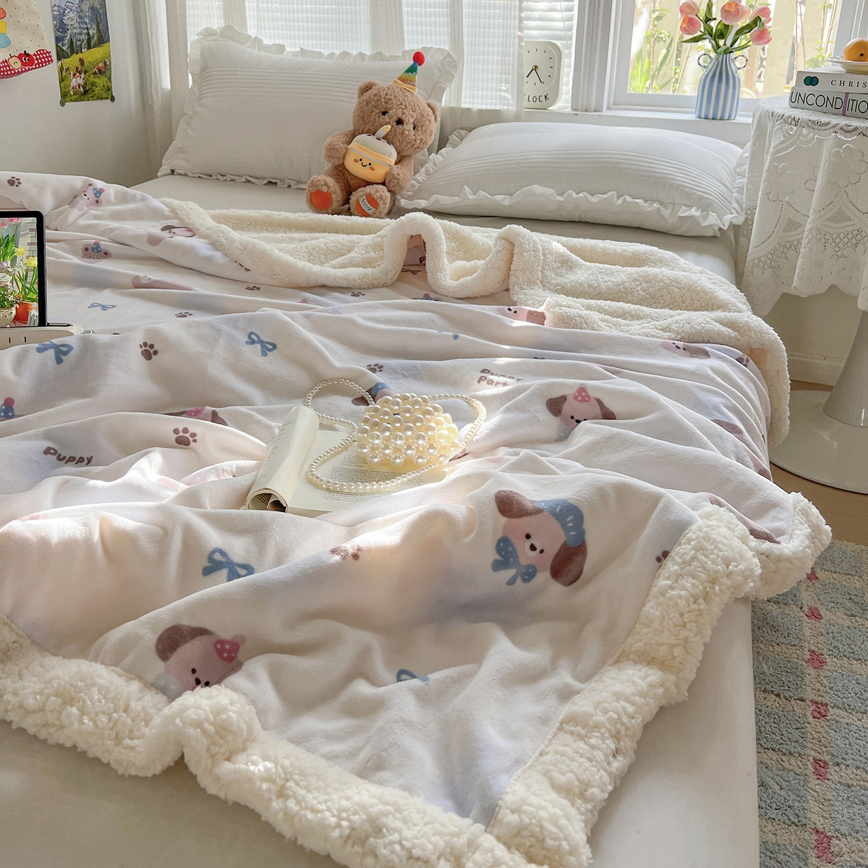 91家纺网 家纺一手货源 找家纺 耀悦家纺 2025新款毛毯带拉链被套两用加厚高克重牛奶绒毯子羊羔绒 小奶狗派对