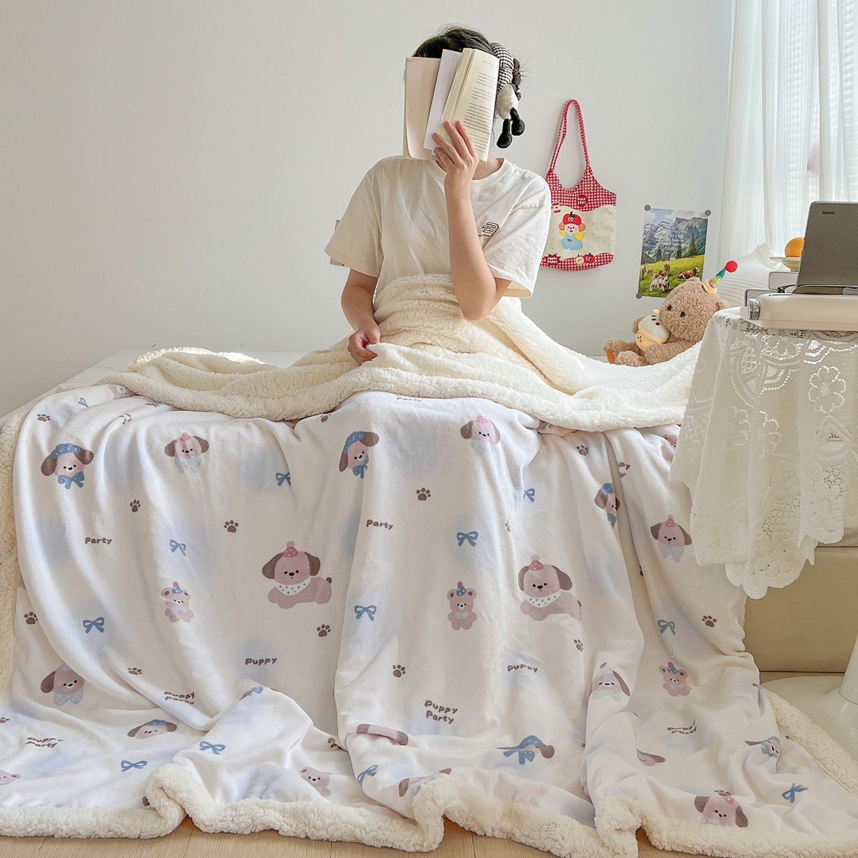 91家纺网 家纺一手货源 找家纺 耀悦家纺 2025新款毛毯带拉链被套两用加厚高克重牛奶绒毯子羊羔绒 小奶狗派对