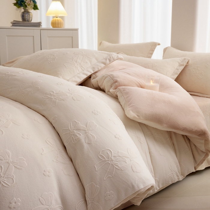 亿梵 2025秋冬新款A类全消光牛奶绒立体5D雕花绒四件套 蝴蝶结-奶油白