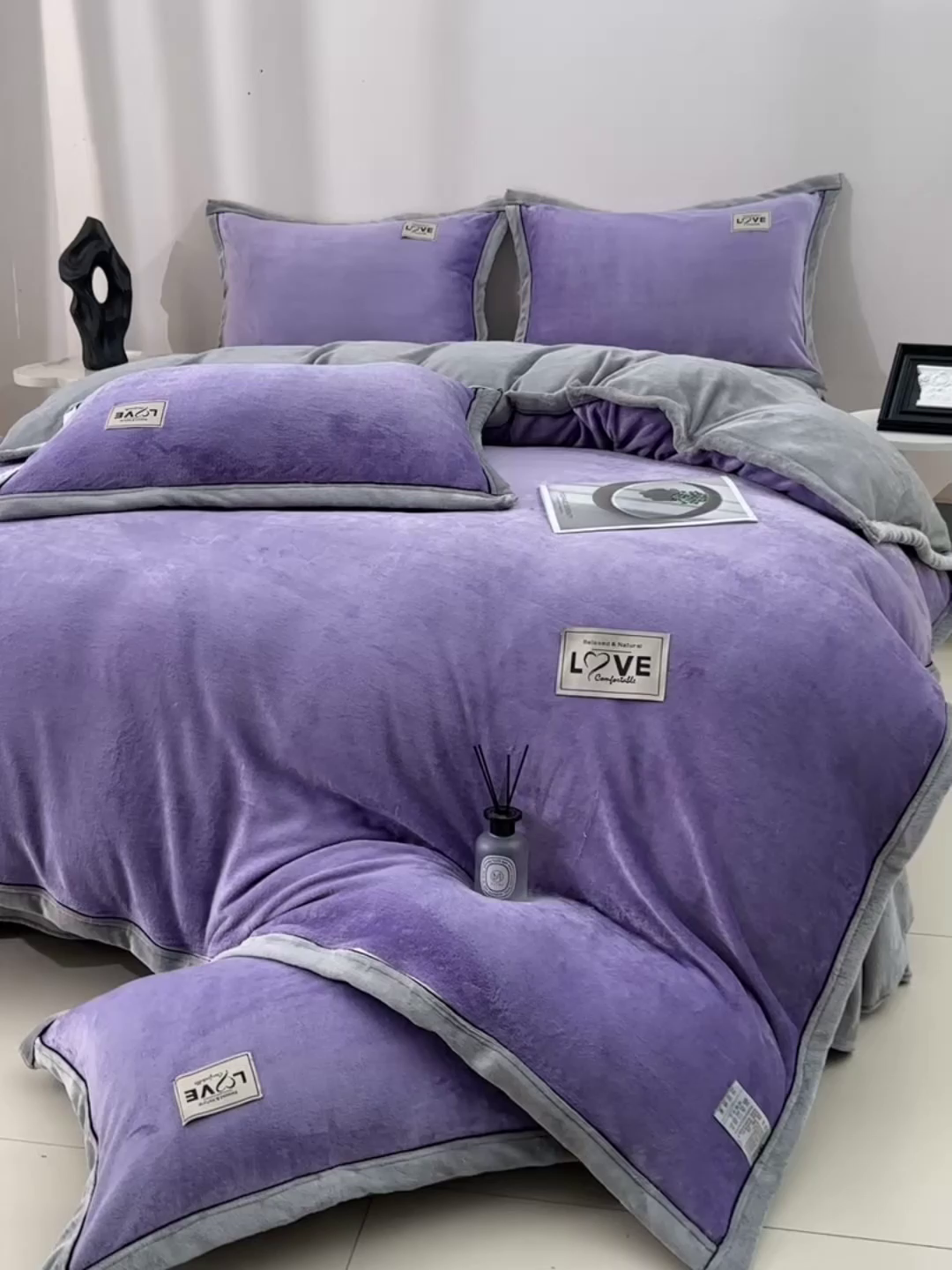 91家纺网 家纺一手货源 找家纺 馨梦缘-2025新款牛奶绒四件套 香芋紫+浅灰