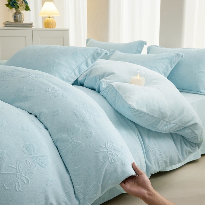 91家纺网 家纺一手货源 找家纺 亿梵 2025秋冬新款A类全消光牛奶绒立体5D雕花绒四件套 蝴蝶结-天空蓝