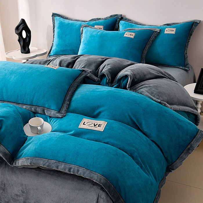 91家纺网 家纺一手货源 找家纺 馨梦缘-2025新款牛奶绒四件套 爵士蓝+深灰