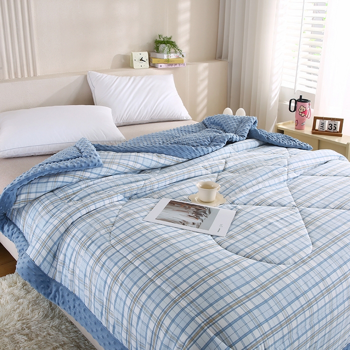 91家纺网 家纺一手货源 找家纺 欧朵 2025新款A类水洗棉豆豆绒被子冬被大豆被芯春秋被冬被 幼儿园 学生宿舍 四季被空调被子蓝大格