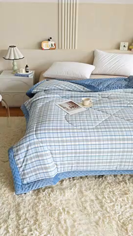 91家纺网 家纺一手货源 找家纺 欧朵 2025新款A类水洗棉豆豆绒被子冬被大豆被芯春秋被冬被 幼儿园 学生宿舍 四季被空调被子蓝大格