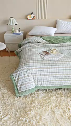 91家纺网 家纺一手货源 找家纺 欧朵 2025新款A类水洗棉豆豆绒被子冬被大豆被芯春秋被冬被 幼儿园 学生宿舍 四季被空调被子绿大格