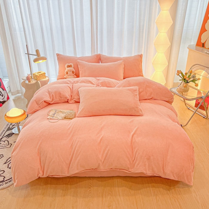 91家纺网 家纺一手货源 找家纺 悦织湾家纺 2025新款简约纯色牛奶绒四件套条纹轻奢时尚冬季加厚保暖床上用品学生宿舍三四件套 牛奶绒-浅粉