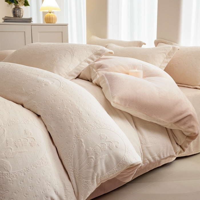 亿梵 2025秋冬新款A类全消光牛奶绒立体5D雕花绒四件套 琳琅花语-奶油白