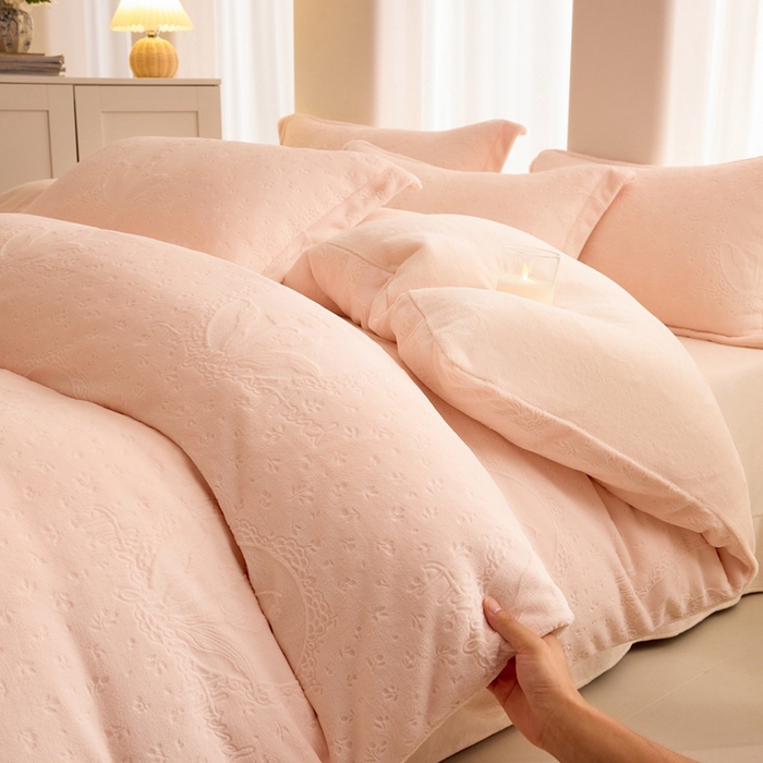 91家纺网 家纺一手货源 找家纺 亿梵 2025秋冬新款A类全消光牛奶绒立体5D雕花绒四件套 琳琅花语-樱花粉