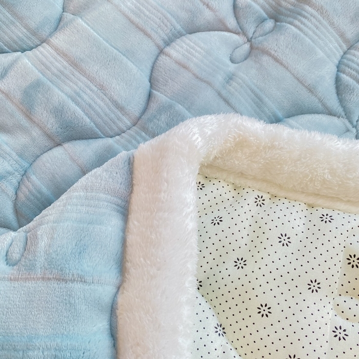 91家纺网 家纺一手货源 找家纺 麒东家纺 2025新款牛奶绒睫毛绒条纹提花夹棉床垫 浅蓝