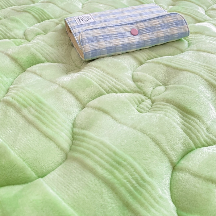91家纺网 家纺一手货源 找家纺 麒东家纺 2025新款牛奶绒睫毛绒条纹提花夹棉床垫 浅绿