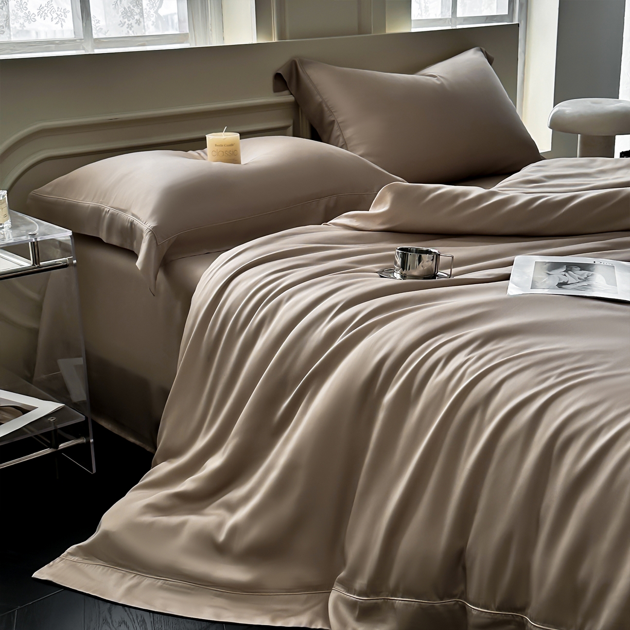 91家纺网 家纺一手货源 找家纺 （总）安妮家居 2025新款100S长绒棉贡缎纯色四件套