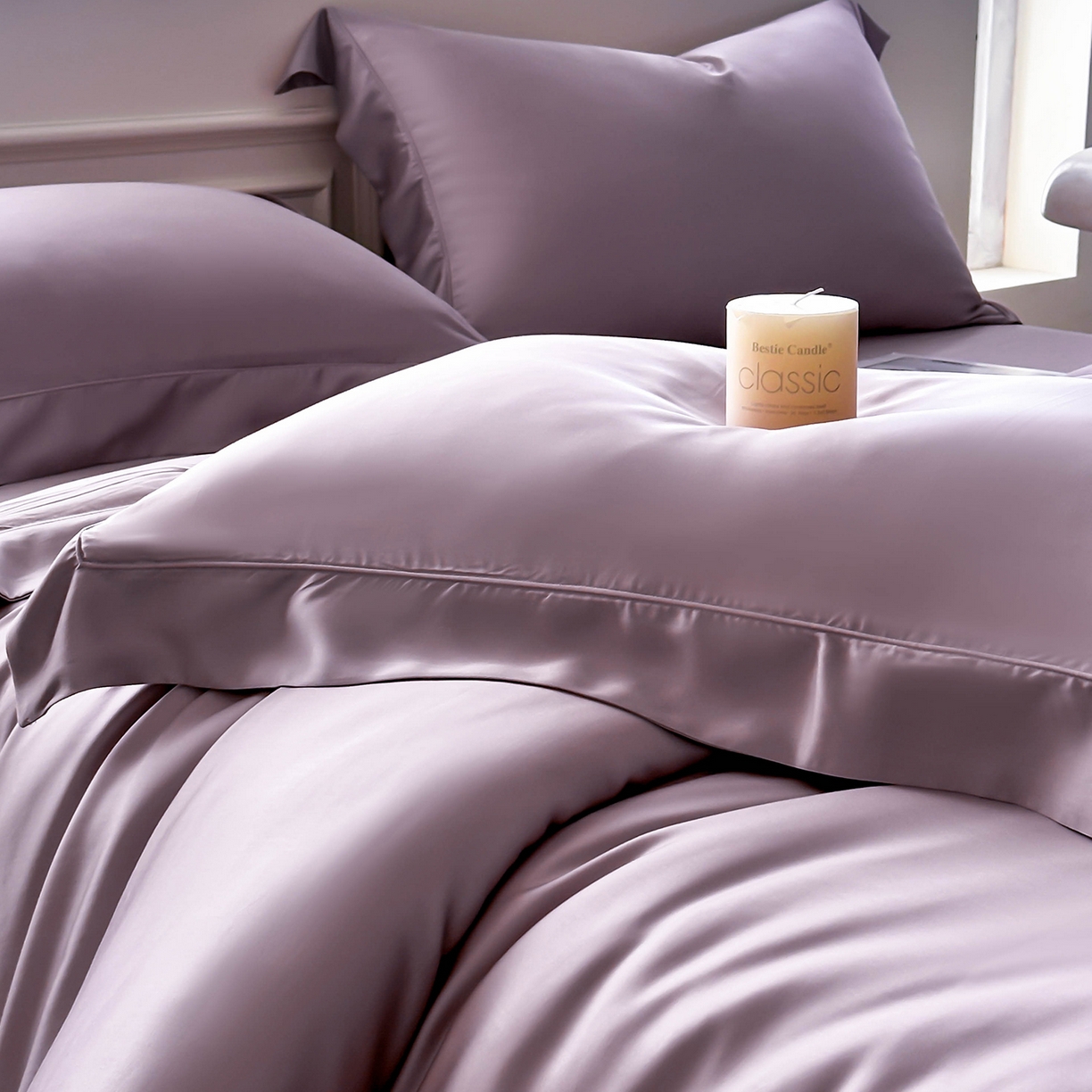 91家纺网 家纺一手货源 找家纺 安妮家居 2025新款100S长绒棉贡缎纯色四件套 柔缦紫