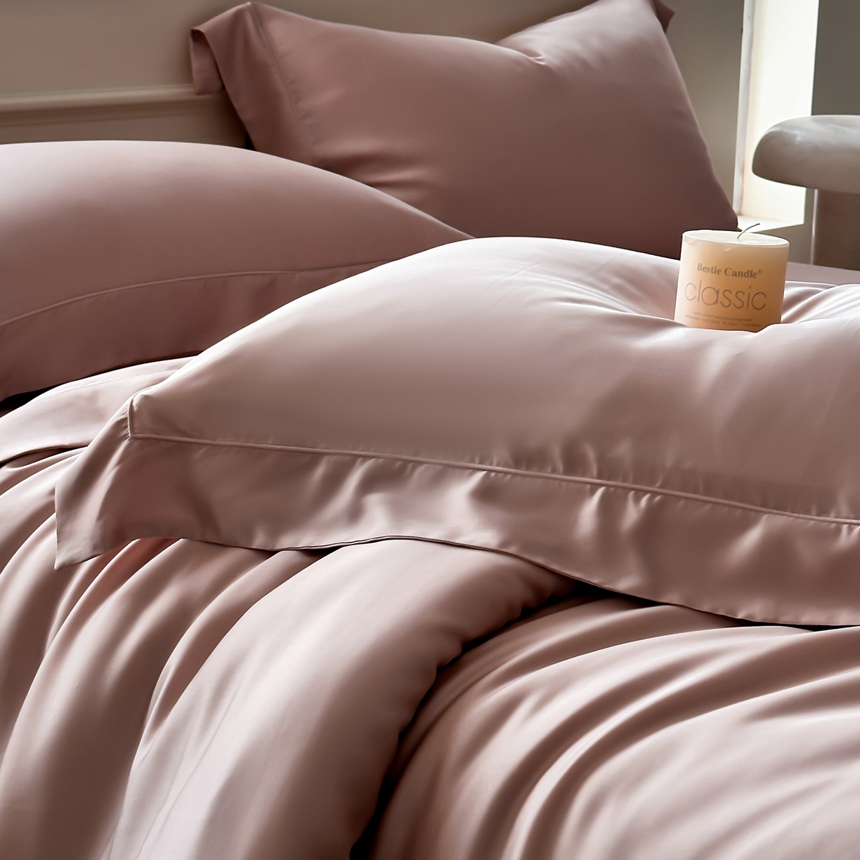 91家纺网 家纺一手货源 找家纺 安妮家居 2025新款100S长绒棉贡缎纯色四件套 蔷薇粉