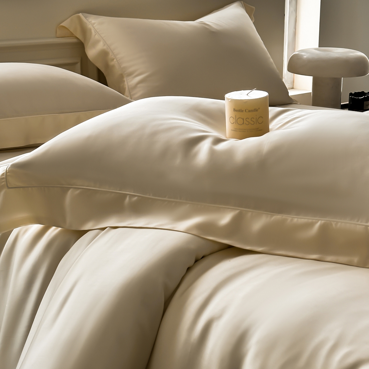 91家纺网 家纺一手货源 找家纺 安妮家居 2025新款100S长绒棉贡缎纯色四件套 奶白色