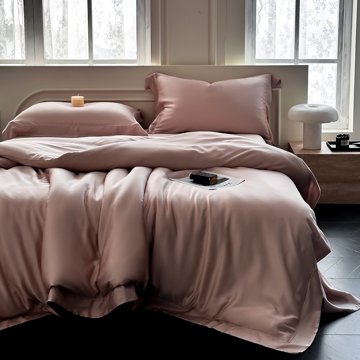 91家纺网 家纺一手货源 找家纺 安妮家居 2025新款100S长绒棉贡缎纯色四件套 蔷薇粉