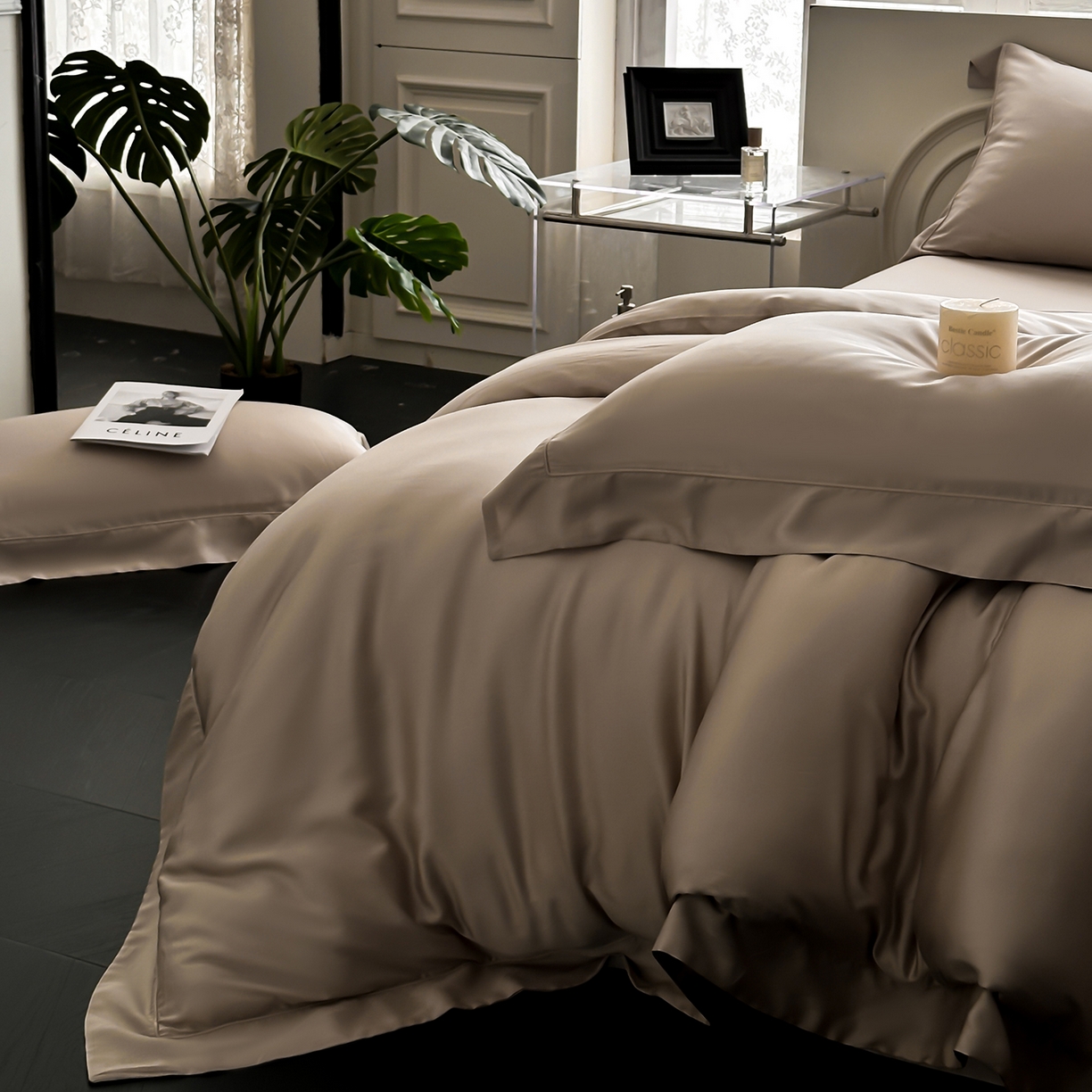 91家纺网 家纺一手货源 找家纺 安妮家居 2025新款100S长绒棉贡缎纯色四件套 砂砾咖